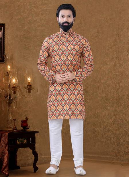 Orange Colour New Printed Ethnic Wear Cotton Mens Kurta Pajama Collection KS 1551